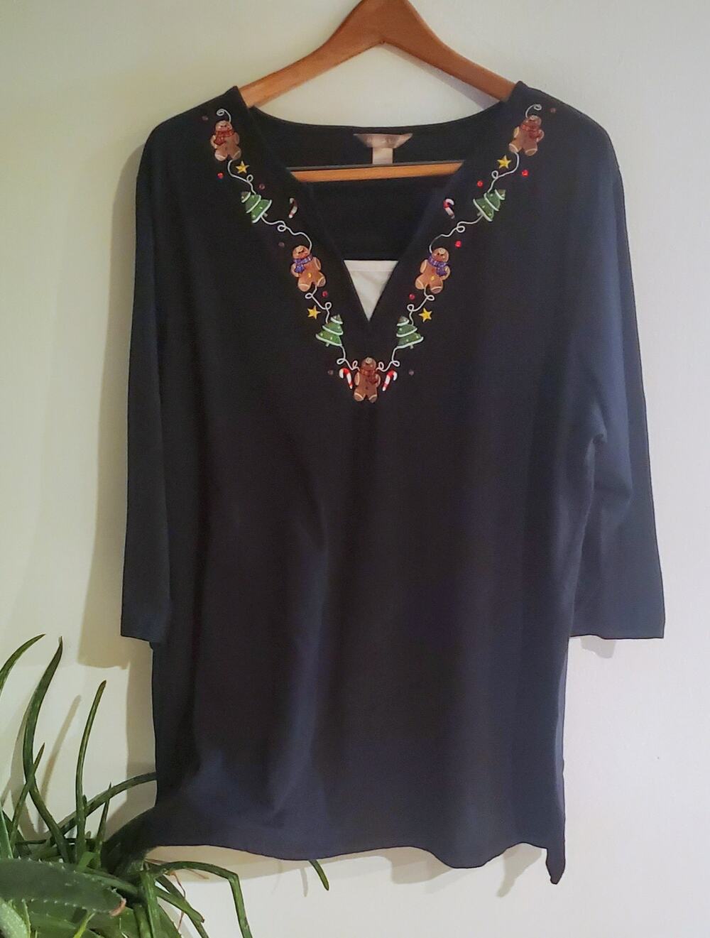 White Stag Black Gingerbread Man 3/4 Sleeve Holiday Shirt Womens Size 4X Festive